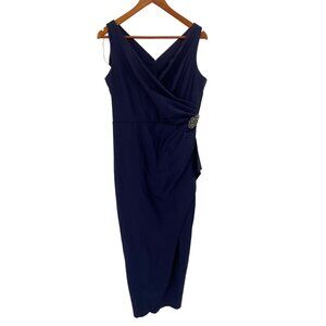 Alex Evenings Navy Blue Sleeveless V-Neck Sheath Dress with Side Embellishment